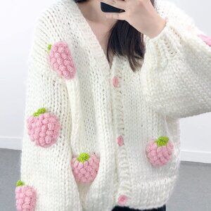 COPY - 3D Pink Strawberry Pattern Woman Sweater White Knit Cardigan Cute Button…